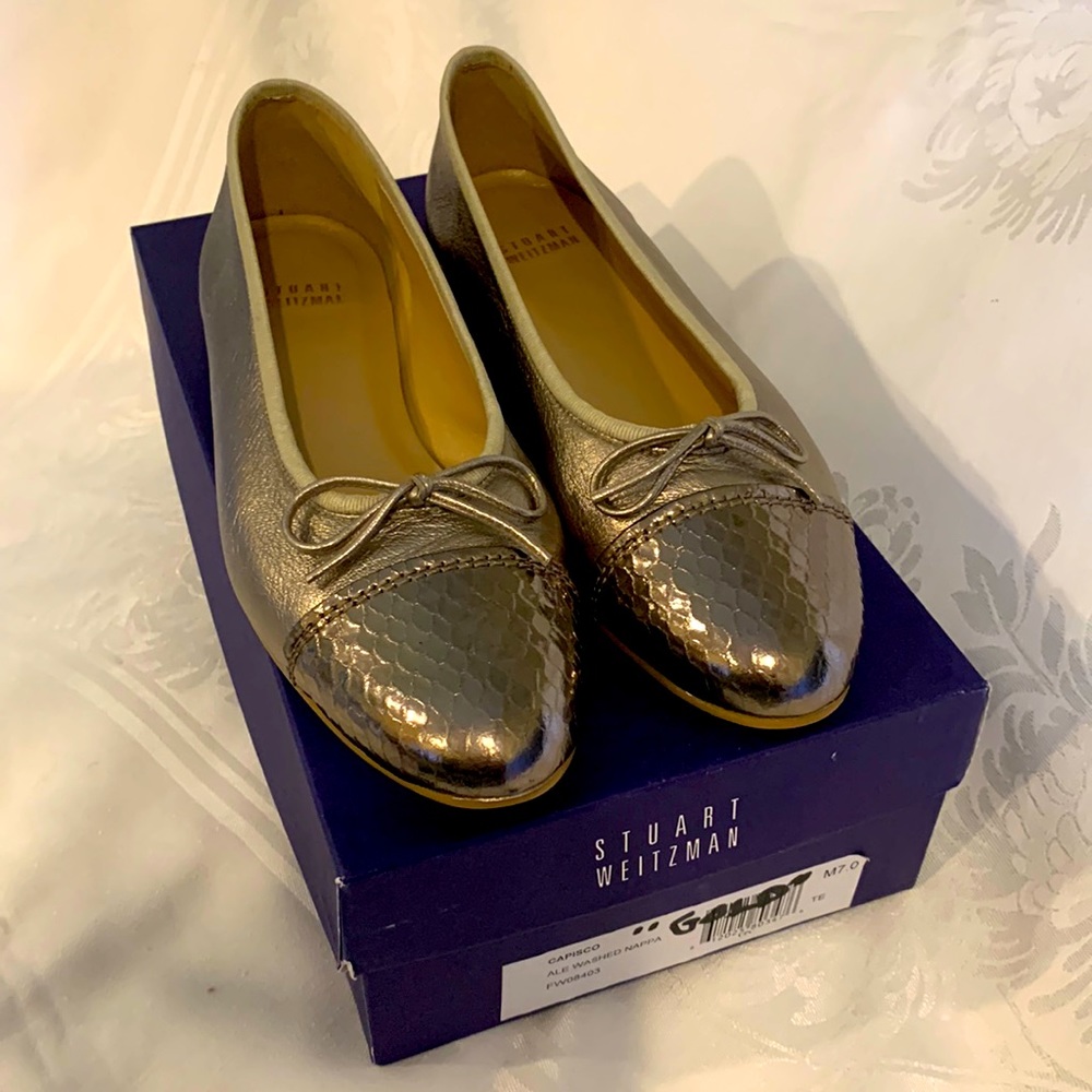 Stuart Weitzman gold ale washed napa toe cap lizard and trim